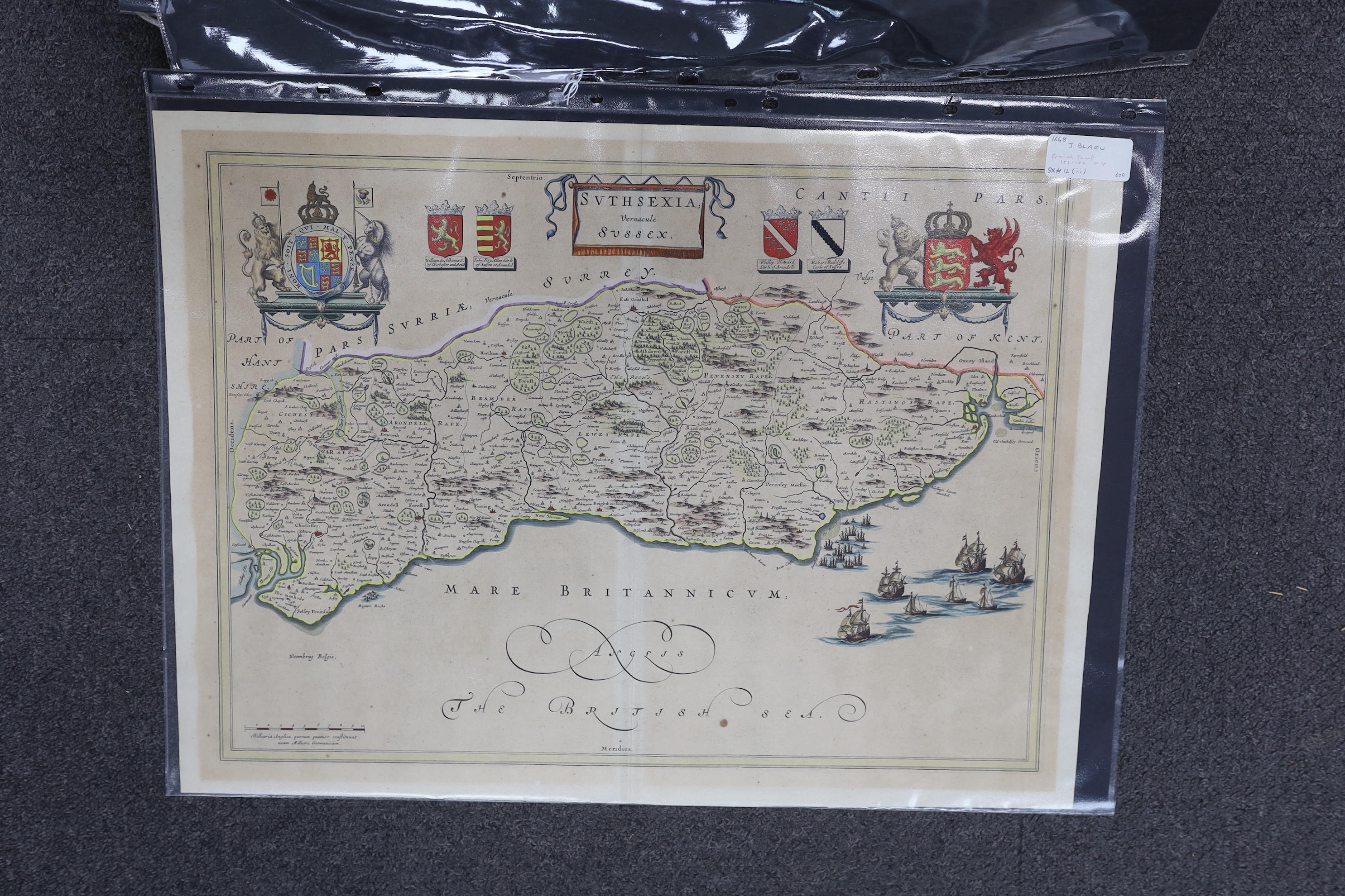 Three unframed 17th century maps of Sussex; Richard Blome, 31 x 35cm, Robert Morden, 38 x 44cm and Johannes Blaeu, 42 x 56cm